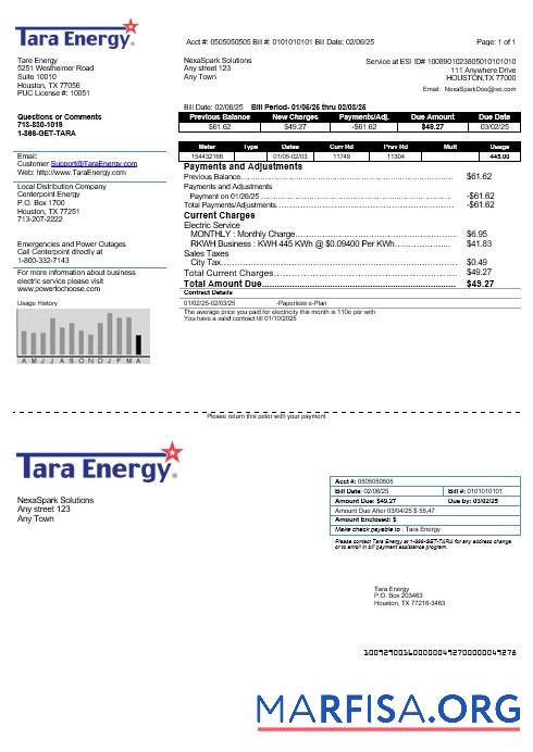 Blank USA Texas Tara Energy business utility bill template in Word and PDF formats